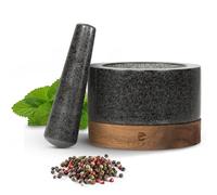 ECENCE Mortaio con Pestello in granito con base ed in legno acacia Ø11cm | Mortaio in pietra massiccia per erbe e spezie per una macinatura perfetta