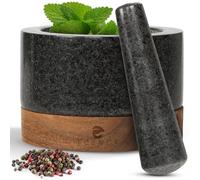 ECENCE Mortaio con Pestello in granito con base robusta ed elegante in legno di acacia - Mortaio in pietra massiccia per erbe e spezie per una macinatura perfetta - Ø15,5cm