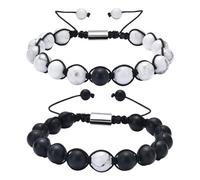 Ecesha Best Friend - Set di 2 braccialetti da 8 mm con perline in pietra naturale howlite nera opaca agata per donne uomini amanti regalo per San Valentino