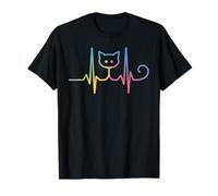 ECG Cat Heartbeat Line Rainbow Kitty Outline Minimalist Maglietta