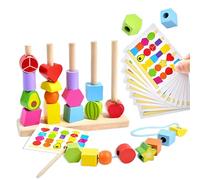 Echehi 2 in 1 Giocattoli Montessori da Infilare per Bambini, Perline da Infilare, Forme da Abbinare, Sviluppo delle capacità Motorie Fini, Blocchi in Legno da Impilare