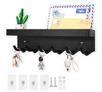 Echehi 6 Portachiavi da Muro a Gancio con Ripiano, Porta Chiavi da Parete Multifunzionale in Metallo Antiruggine Autoadesivo Adatto per Ingresso, Cucina, Ufficio, Bagno e Soggiorno, Nero