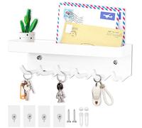 Echehi 6 Portachiavi da Muro a Gancio con Ripiano, Porta Chiavi da Parete Multifunzionale in Metallo Antiruggine Autoadesivo Adatto per Ingresso, Cucina, Ufficio, Bagno e Soggiorno, Bianco