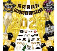 Echehi Decorazioni Capodanno 2025 49 Pz, Gadget, Palloncini (32 Pollici), Striscione 'Happy New Year', Tenda Con Frange, Accessori Foto Booth, Palloncini Nero Oro