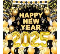 Echehi Decorazioni Di Capodanno 2025, Xxl Striscione Di Capodanno (71 x 45 Pollici), Palloncini 2025 (32 Pollici), Palloncini Neri Oro, Palloncini Foil, Ghirlanda, Accessori Capodanno 2025