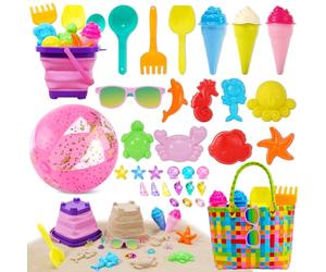 Echehi Giochi da Spiaggia per Bambini 37 Pezzi, Giocattoli Sabbiera, Set Giochi Giardino con Secchiello Mare 2L, Occhiali da Sole, 24'' Pallone, Borsa Mare, Stampi per Gelato, con Confezione Regalo