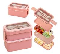 Echehi Porta Pranzo a 2 Strati con Scomparti, Contenitore per il Contenitori Porta Pranzo Impilabile di Grande Capacità da 950 + 550 ml, Bento Box con Forchetta e Cucchiaio e Manico Nascosto. Rosa