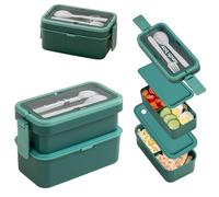 Echehi Porta Pranzo a 2 Strati con Scomparti, Contenitore per il Contenitori Porta Pranzo Impilabile di Grande Capacità da 950 + 550 ml, Bento Box con Forchetta e Cucchiaio e Manico Nascosto. Verde