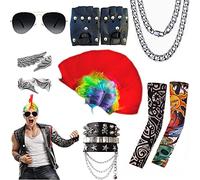 Echehi Rock Star Accessori Per costume anni '80 Anni '90 Per Uomo Donna Con Moicano Parrucca Catena Cubana Occhiali Da Sole Guanti Manicotti Del Tatuaggio Bracciali Anelli Divertenti Accessori Punk