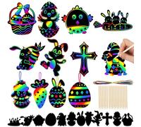 Echehi Scratch Art Bambini Pasquale, Inclusi 36 Segnalibri Gratta e Vinci Arcobaleno con Nastri e Bastoncini Colorati, Decorazioni Pasquali