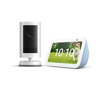 Echo Show 5 (Ultimo modello), Azzurro + Ring Videocamera esterna Plus a batteria, Bianco, guarda la tua videocamera su Echo Show, con Accesso Anticipato ad Alex