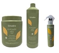 Echos KI POWER VEG Kit di prodotti per capelli - Shampoo e balsamo - Kiwi - Privo di siliconi - Riparazione per capelli danneggiati - 1000 ml shampoo + 200 ml balsamo + 1000 ml crema ricostituente