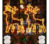echosari 2 pezzi Renna LED decorazione per finestra di Natale a batteria, 120 LED catena luminosa a forma di Babbo Natale con timer in metallo, catena luminosa per tende da renna per interni ed