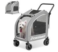 EchoSmile Passeggino per Cani di Piccola e Media 60 kg, Carrozzina per Cani Pieghevole Adatto a Tutti i Terreni con Doppi Freni, Cinture di Sicurezza per Auto e Finestrini in Rete, Grigio