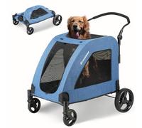EchoSmile Passeggino pieghevole per cani di taglia media e grande fino a 70 kg, con finestra a rete, manico regolabile e 4 ruote fuoristrada, blu