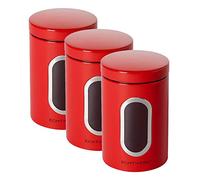 ECHTWERK Elegante Set di 3 contenitori per la conservazione di Farina, Zucchero, Cereali, tè, in Metallo con Coperchio ermetico e Grande Finestra, capacità 1,4 l, Colore Rosso, 3 unità