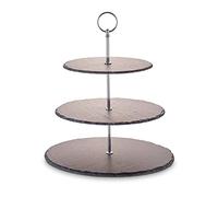 ECHTWERK Ripiano/vassoio per dolci, frutta, formaggio e dessert in ardesia naturale con 3 livelli e manico in metallo, edizione argento, Ø doghe circa 20/25/30 cm, terracotta