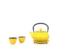ECHTWERK Servizio da tè in ghisa, teiera 0,8 l, con colino rimovibile, teiera con sottobicchiere e 2 tazze da tè, set da teiera vintage per preparare tè sfuso, colore giallo