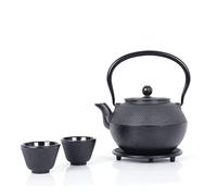 ECHTWERK Servizio da tè in ghisa, teiera da 1,1 l, con colino rimovibile, teiera con sottobicchiere e 2 tazze da tè, set da teiera vintage per preparare tè sfuso, nero