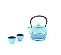 ECHTWERK Servizio da tè in ghisa, teiera da 1,1 l, con colino rimovibile, teiera con sottobicchiere e 2 tazze da tè, set da teiera vintage per preparare tè sfuso, azzurro