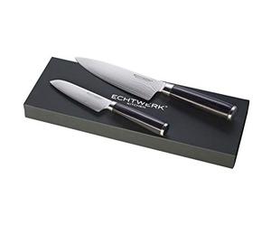 ECHTWERK Set di coltelli Damasco, 2 pezzi, coltello da cuoco/cucina, coltello Santoku/coltello tradizionale giapponese, acciaio damasco, tagliente liscio, manico ergonomico in legno Pakka