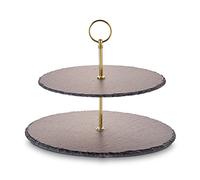 ECHTWERK Vassoio per dolci, frutta, formaggio e dessert in ardesia naturale con 2 livelli e manico in metallo, edizione oro, Ø lastre circa 25/30 cm, terracotta