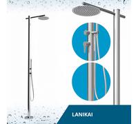 Four & More - Doccia da giardino per esterni, con colonna doccia a pioggia, in acciaio inox spazzolato V4A/316, modello LANIKAI con attacco per acqua calda e fredda per il giardino