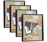 Eco-eco - Raccoglitore a 4 anelli in formato A4, 65% riciclato, con 12 tasche multiforate, dorso 22 mm, confezione da 4 pezzi, colore: nero, eco046 x 4