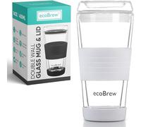 ecoBrew Bicchiere da viaggio in vetro a doppia parete da 473,6 ml, con coperchio, lavabile in lavastoviglie e adatto al microonde, bicchiere da caffè trasparente da asporto, tazza in ceramica