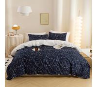 ECOCOTT Set copripiumino per letto matrimoniale, 100% cotone naturale, 1 copripiumino + 2 federe, set di biancheria da letto, blu navy e costellazione cosmica, reversibile, con motivo stampato,