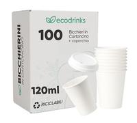 ecodrinks - 100 Bicchieri di Carta con Coperchio di Plastica da 120ml - Per Caffè Lungo, Espresso, Ginseng, Acqua o Cocktail - Adatti all'Uso Domestico, Bar, Uffici e Eventi