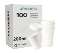 ecodrinks 100 Bicchieri di Carta con Coperchio di Plastica da 210ml - Per Caffè Lungo, Espresso, Ginseng, Acqua o Cocktail - Adatti all'Uso Domestico, e Attività, Bianchi