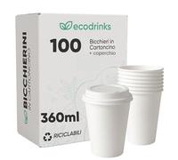 ecodrinks - 100 Bicchieri di Carta con Coperchio di Plastica da 360ml - Per Caffè Lungo, Espresso, Ginseng, Acqua o Cocktail - Adatti all'Uso Domestico, Bar, Uffici e Eventi