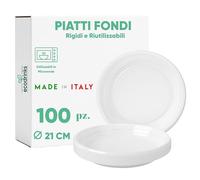 ecodrinks - 100 Piatti Fondi Bianchi Riutilizzabili da Ø21cm in Polipropilene - Base Antiscivolo, Robusti e Lavabili - Ideali per Sagre, Feste, Eventi - Scelta Ecologica e Sostenibile