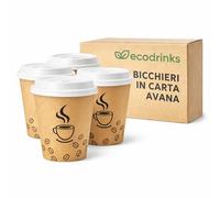 ecodrinks 1000 Bicchieri di Carta con Coperchio da 180ml - Rivestimento Interno Impermeabile, Biodegradabile, Look Professionale - Per Bar, Ufficio, Eventi - Colore Avana e Grafica Caffè