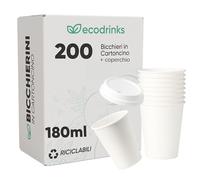 ecodrinks - 200 Bicchieri di Carta con Coperchio di Plastica da 180ml - Per Caffè Lungo, Espresso, Ginseng, Acqua o Cocktail - Adatti all'Uso Domestico, Bar, Uffici e Eventi