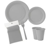 ecodrinks - Set Forchette, Piatti e Bicchieri per Feste di Compleanno, Catering ed Eventi - Resistenti, Durevoli e Riutilizzabili - Eco-friendly - in Polipropilene (Argento, 110 pezzi)