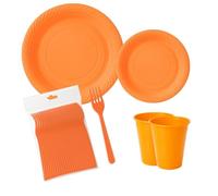 ecodrinks - Set Forchette, Piatti e Bicchieri per Feste di Compleanno, Catering ed Eventi - Resistenti, Durevoli e Riutilizzabili - Eco-friendly - in Polipropilene (Arancione, 110 pezzi)