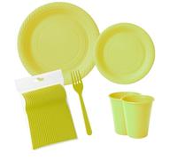ecodrinks - Set Forchette, Piatti e Bicchieri per Feste di Compleanno, Catering ed Eventi - Resistenti, Durevoli e Riutilizzabili - Eco-friendly - in Polipropilene (Giallo, 110 pezzi)