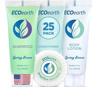 EcoEarth Pacchetto hotel (Brezza di primavera, 1 oncia ciascuno, 100 pezzi) Set da 4 pezzi: 25 saponette rotonde su barrette, 25 shampoo, 25 balsami e 25 lozioni per il corpo - M