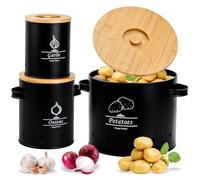 Ecofocet 3 Contenitori Porta Patate, Barattoli in Metallo con Coperchio in Bambù, Salvaspazio da Cucina per Patate, Cipolle, Aglio - Design Cilindrico con Fori di Ventilazione (Nero)
