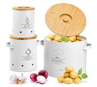 Ecofocet 3 Contenitori Porta Patate, Barattoli in Metallo con Coperchio in Bambù, Salvaspazio da Cucina per Patate, Cipolle, Aglio - Design Cilindrico con Fori di Ventilazione (Bianco)