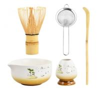 Ecofocet 5 in 1 Set Accessori per Matcha Cerimonia Tè Giapponese con Ciotola Matcha, Frusta Matcha in Bambù Naturale, Paletta Bambù, Porta Frullino per Tè Cerimonia (Marrone)