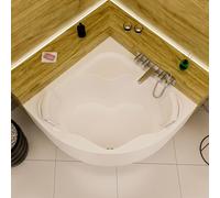 ECOLAM Vasca da bagno angolare Selma 140 x 140 cm grembiule + 2 cuscini Sole | Vasca angolare di qualità in acrilico | Rivestimento scarico e troppopieno automatico