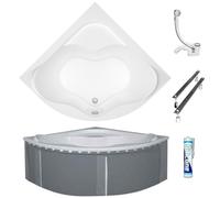 ECOLAM Vasca da bagno SELMA 150 x 150 cm + supporto per vasca da bagno ad angolo, vasca angolare in acrilico, supporto in polistirolo, piastrellabile, scarico simmetrico, in acrilico, bianco, set di