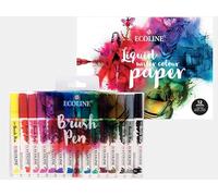 Ecoline - Set di pennelli e cartapesta, 15 astucci+blocco da schizzo, 24 x 32 cm, 290 g/m², confezione risparmio