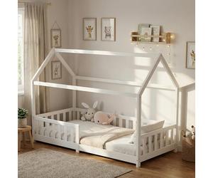 ecomi® Lettino per bambini con protezione contro le cadute e rete a doghe, letto per bambini, 90 x 200/80 x 160 cm, per bambini, 90 x 200/80 x 160 cm (Bianco, 90x200)