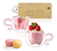 ecooe 2 Pezzi 130 ml Rosa Bicchieri da Caffè a Doppia Parete con Simpatico Gatto, Regalo di Compleanno per Donne, Uomini, Mamme, Bambini, Tazza da Caffè Espresso per Caffè Freddo e Latte