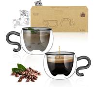 ecooe 2 Pezzi Nero Bicchieri da Caffè a Doppia Parete con Simpatico Gatto 130 ml, Regalo di Compleanno per Donne, Uomini, Mamme, Bambini, Tazza da Caffè Espresso per Caffè Freddo e Latte