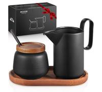 ecooe Set latte e zucchero - Brocca per latte in ceramica nera e zuccheriera, con coperchio e cucchiaio in metallo, zuccheriera Barista con vassoio in legno, brocca in ceramica, contenitore per latte